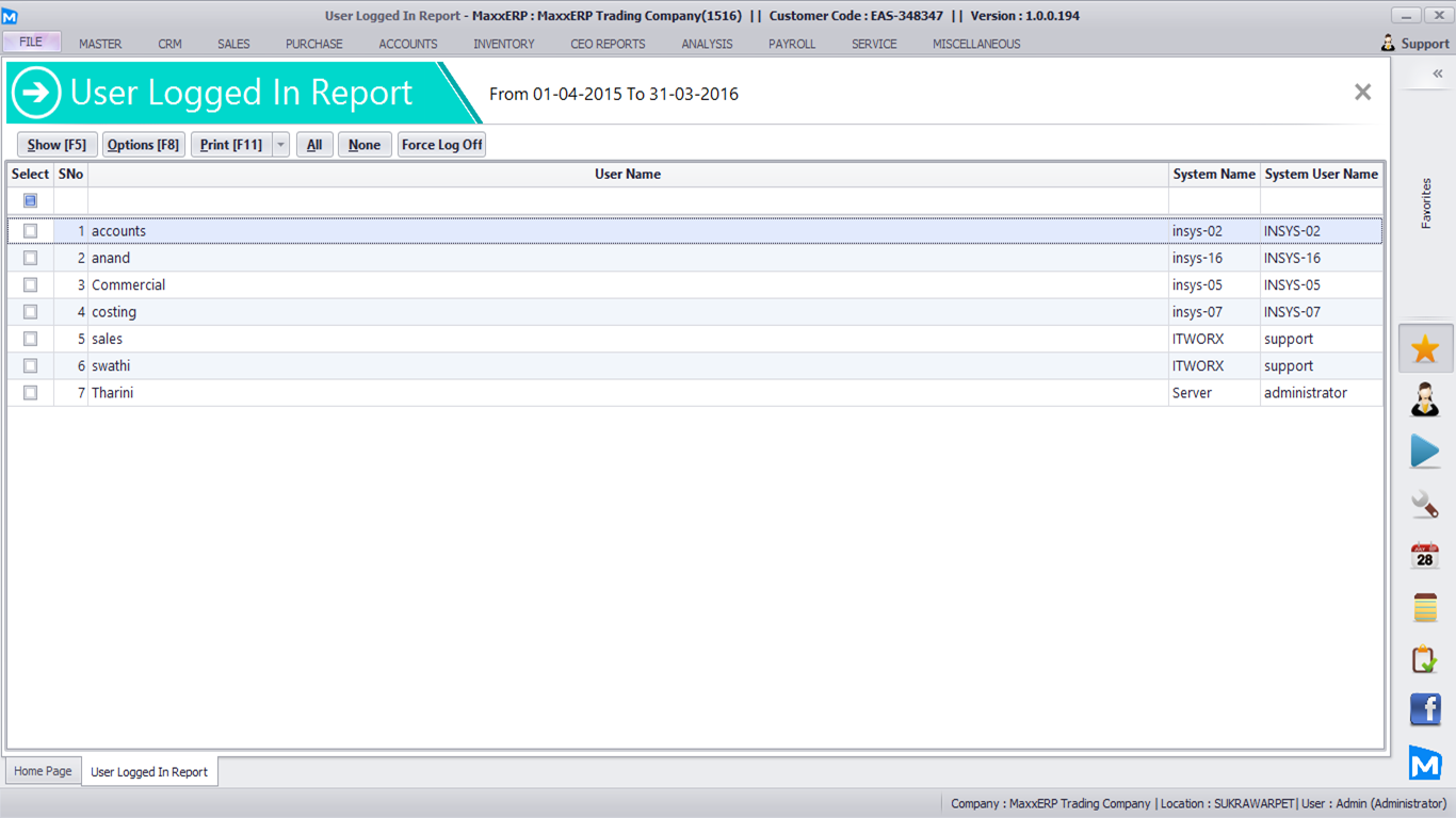 user logged in report -MaxxERP
