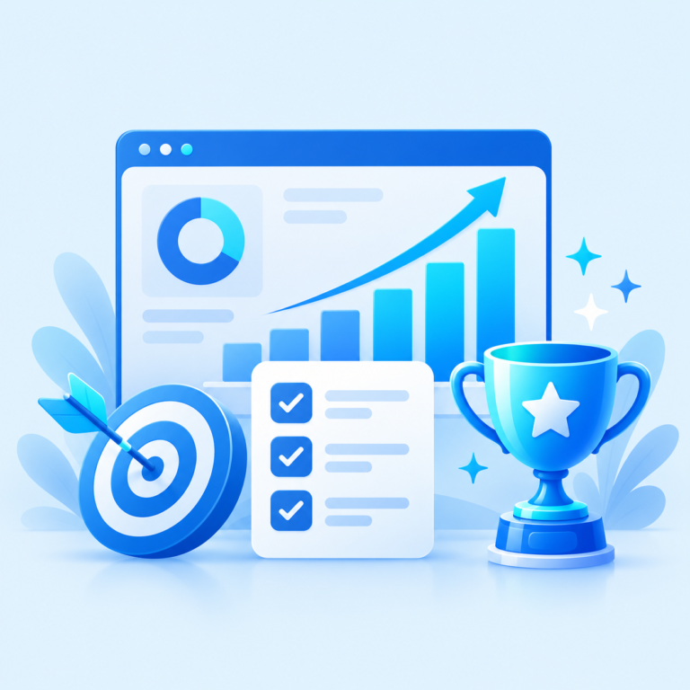 Sales growth dashboard with checklist and trophy